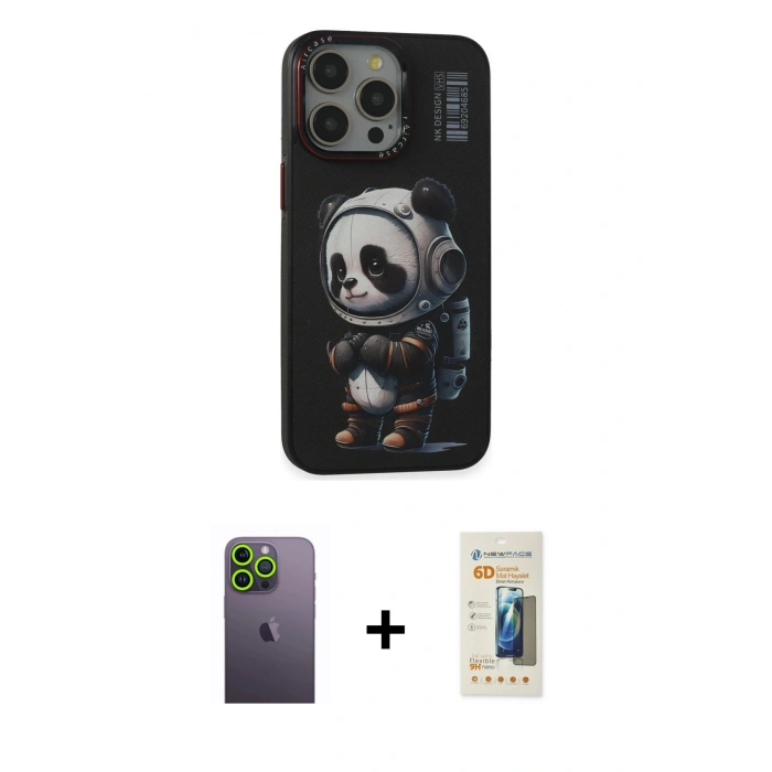 MARSİLYAN™- iPhone 13 Pro Max Kılıf Siluet Modern Özel Seri - Siyah 6D Mat Seramik Hayalet Nano Ekran Koruyucu + Neon Fosforlu Kamera Lens - YL