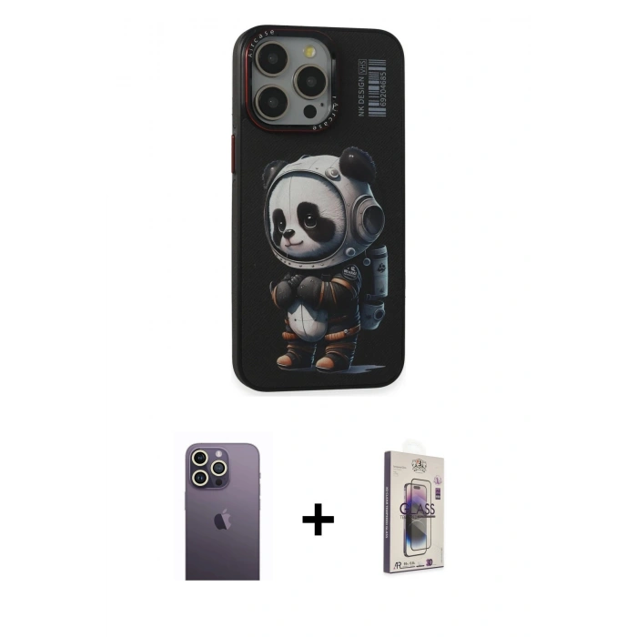 MARSİLYAN™- iPhone 13 Pro Max Kılıf Siluet Modern Özel Seri - Siyah Bilvis 3D Cam Ekran Koruyucu + Neon Fosforlu Kamera Lens - BZ
