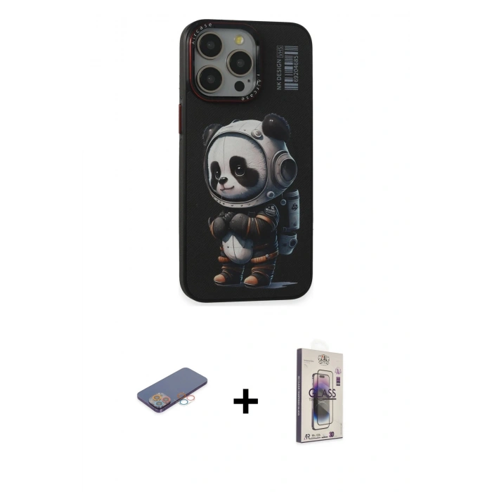 MARSİLYAN™- iPhone 13 Pro Max Kılıf Siluet Modern Özel Seri - Siyah Bilvis 3D Cam Ekran Koruyucu + Pembe Renkli Kamera Lens Koruma Cam