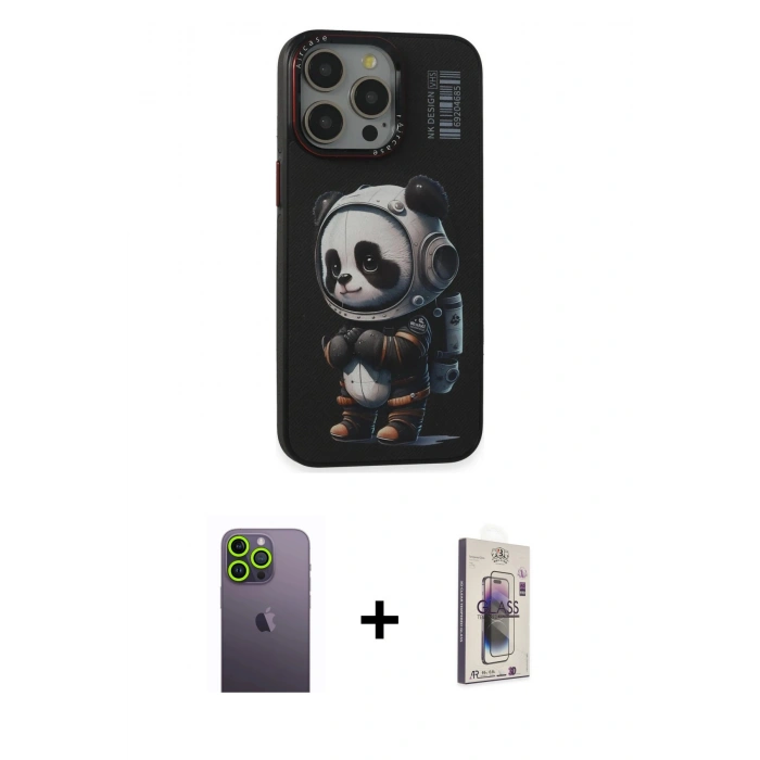 MARSİLYAN™- iPhone 13 Pro Max Kılıf Siluet Modern Özel Seri - Siyah Bilvis 3D Cam Ekran Koruyucu + Yeşil Neon Fosforlu Kamera Lens