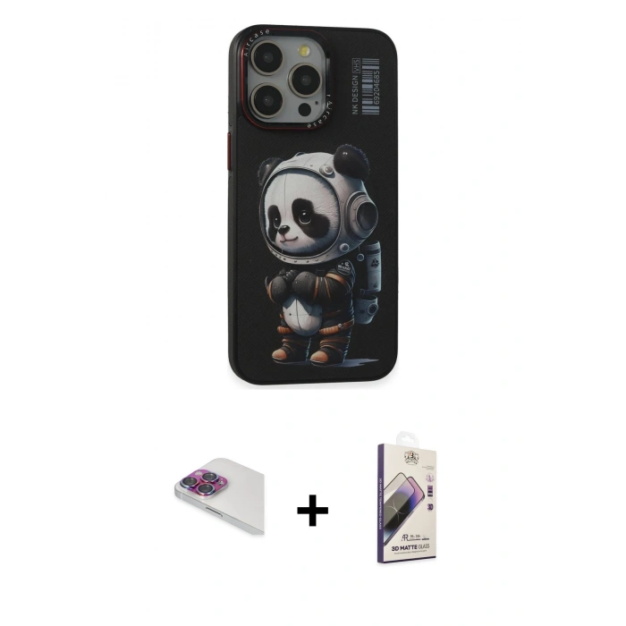 MARSİLYAN™- iPhone 13 Pro Max Kılıf Siluet Modern Özel Seri - Siyah Bilvis 3D Mat Cam Ekran Koruyucu + Gökkuşağı Pers Alüminyum Kamera Lens