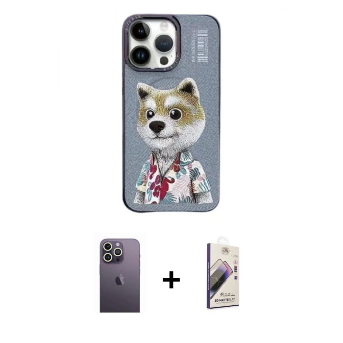 MARSİLYAN™- iPhone 13 Pro Max Kılıf Siluet Modern Özel Seri - Siyah Bilvis 3D Mat Cam Ekran Koruyucu + Neon Fosforlu Kamera Lens - BZ
