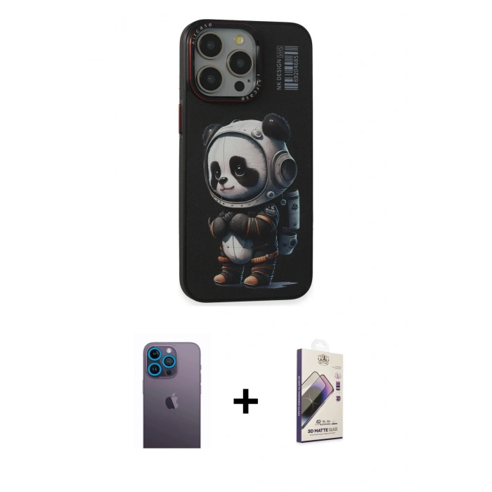 MARSİLYAN™- iPhone 13 Pro Max Kılıf Siluet Modern Özel Seri - Siyah Bilvis 3D Mat Cam Ekran Koruyucu + Neon Fosforlu Kamera Lens - MI
