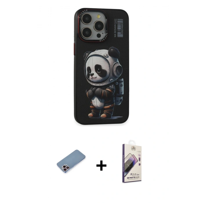 MARSİLYAN™- iPhone 13 Pro Max Kılıf Siluet Modern Özel Seri - Siyah Bilvis 3D Mat Cam Ekran Koruyucu + Shine Kamera Lens Koruma Cam - PE