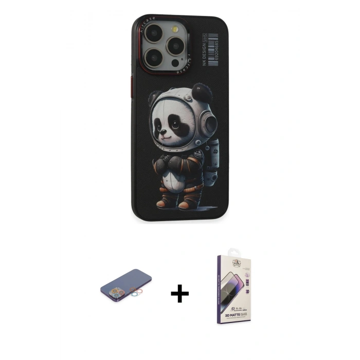MARSİLYAN™- iPhone 13 Pro Max Kılıf Siluet Modern Özel Seri - Siyah Bilvis 3D Mat Cam Ekran Koruyucu + Renkli Kamera Lens Koruma Cam - PE