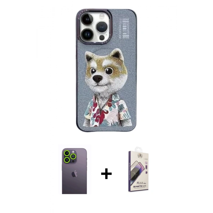 MARSİLYAN™- iPhone 13 Pro Max Kılıf Siluet Modern Özel Seri - Siyah Bilvis 3D Mat Cam Ekran Koruyucu + Neon Fosforlu Kamera Lens - YL