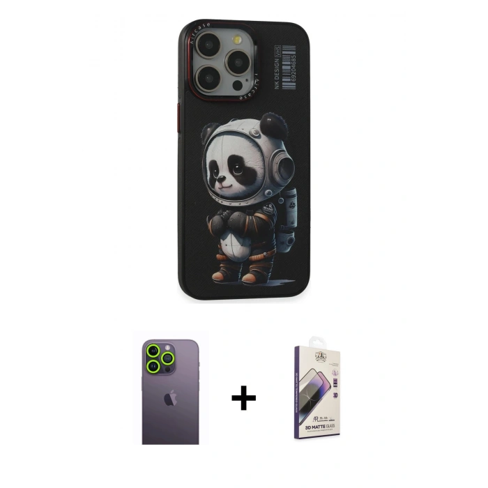 MARSİLYAN™- iPhone 13 Pro Max Kılıf Siluet Modern Özel Seri - Siyah Bilvis 3D Mat Cam Ekran Koruyucu + Neon Fosforlu Kamera Lens - YL