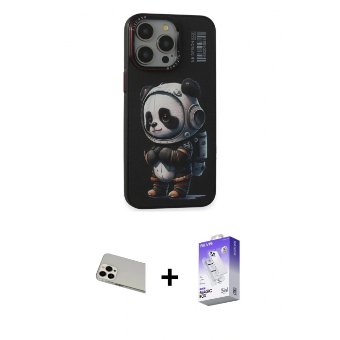 MARSİLYAN™- iPhone 13 Pro Max Kılıf Siluet Modern Özel Seri - Siyah Bilvis 5in1 3D Magic Cam Ekran Koruyucu + Rainbow Kamera Lens Koruma Cam - BZ