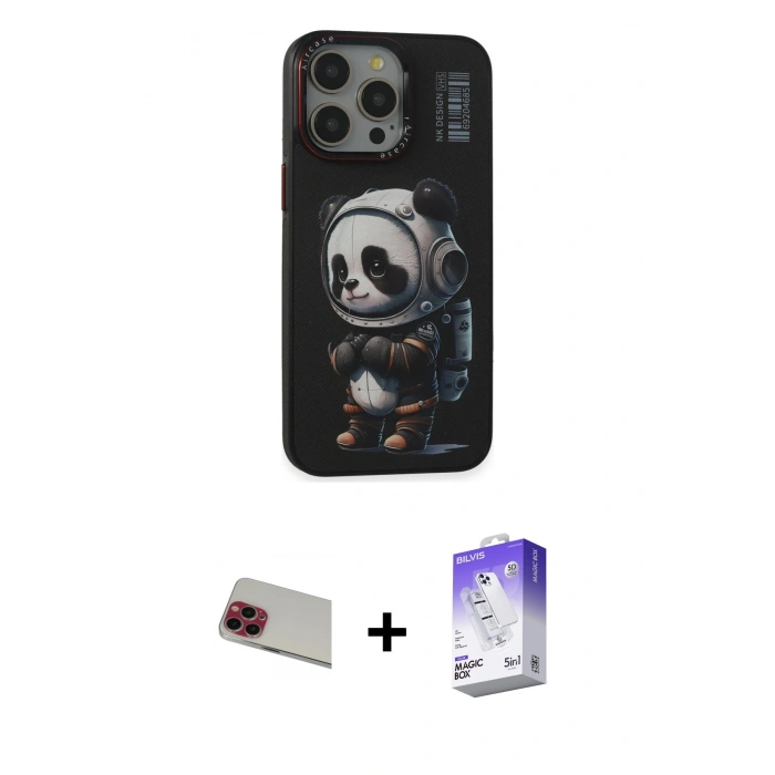 MARSİLYAN™- iPhone 13 Pro Max Kılıf Siluet Modern Özel Seri - Siyah Bilvis 5in1 3D Magic Cam Ekran Koruyucu + Rainbow Kamera Lens Koruma Cam - KI