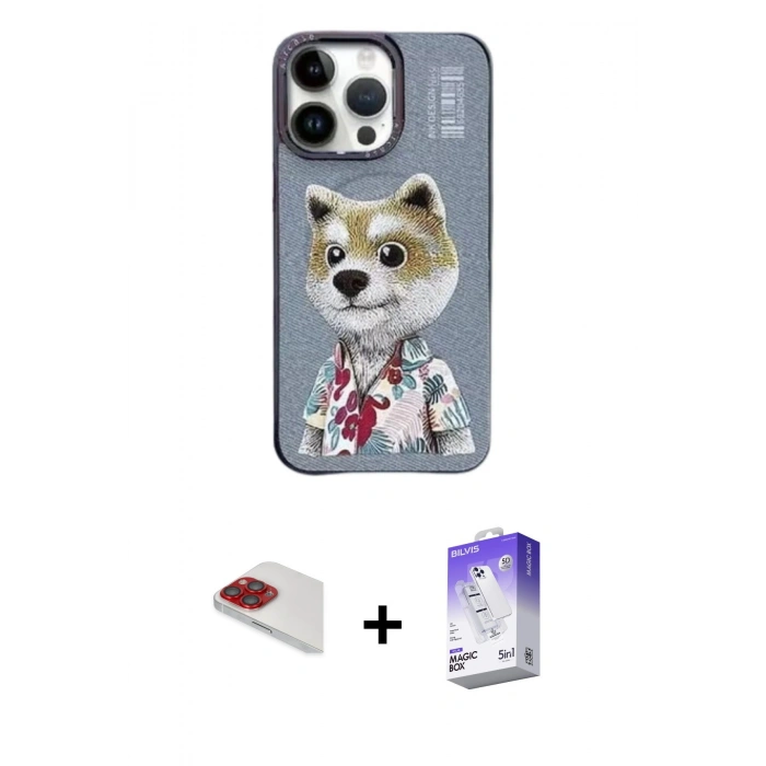 MARSİLYAN™- iPhone 13 Pro Max Kılıf Siluet Modern Özel Seri - Siyah Bilvis 5in1 3D Magic Cam Ekran Koruyucu + Kırmızı Pers Alüminyum Kamera Lens