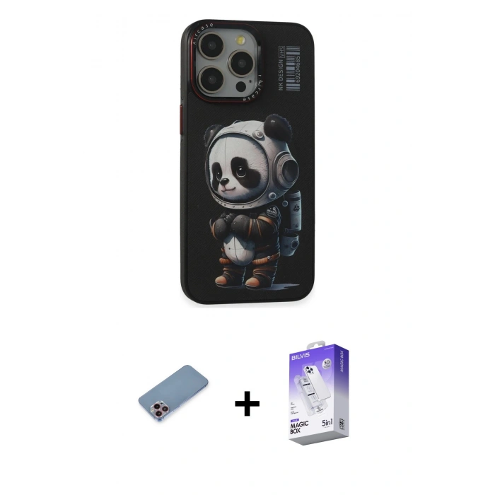 MARSİLYAN™- iPhone 13 Pro Max Kılıf Siluet Modern Özel Seri - Siyah Bilvis 5in1 3D Magic Cam Ekran Koruyucu + Pembe Shine Kamera Lens Koruma Cam
