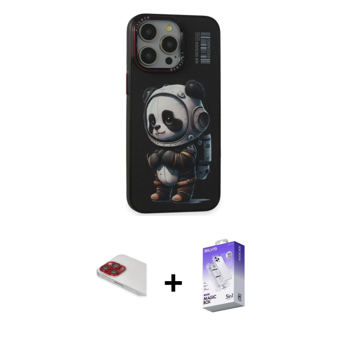 MARSİLYAN™- iPhone 13 Pro Max Kılıf Siluet Modern Özel Seri - Siyah Bilvis 5in1 3D Magic Cam Ekran Koruyucu + Kırmızı Pers Alüminyum Kamera Lens