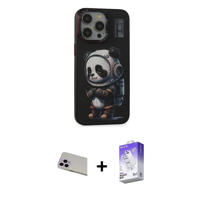 MARSİLYAN™- iPhone 13 Pro Max Kılıf Siluet Modern Özel Seri - Siyah Bilvis 5in1 3D Magic Cam Ekran Koruyucu + Rainbow Kamera Lens Koruma Cam - MR