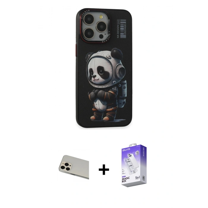 MARSİLYAN™- iPhone 13 Pro Max Kılıf Siluet Modern Özel Seri - Siyah Bilvis 5in1 3D Magic Cam Ekran Koruyucu + Rainbow Kamera Lens Koruma Cam - REGD