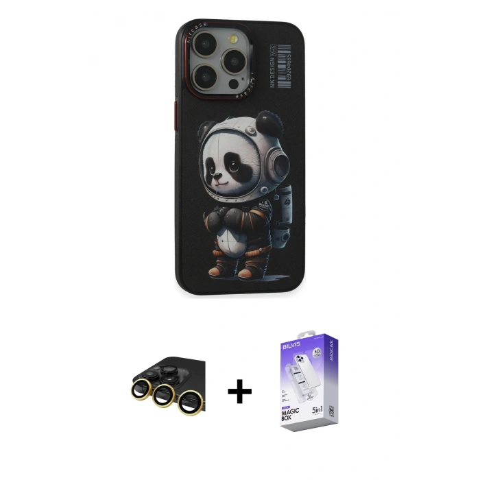 MARSİLYAN™- iPhone 13 Pro Max Kılıf Siluet Modern Özel Seri - Siyah Bilvis 5in1 3D Magic Cam Ekran Koruyucu + Raze Metal Kamera Lens - GD