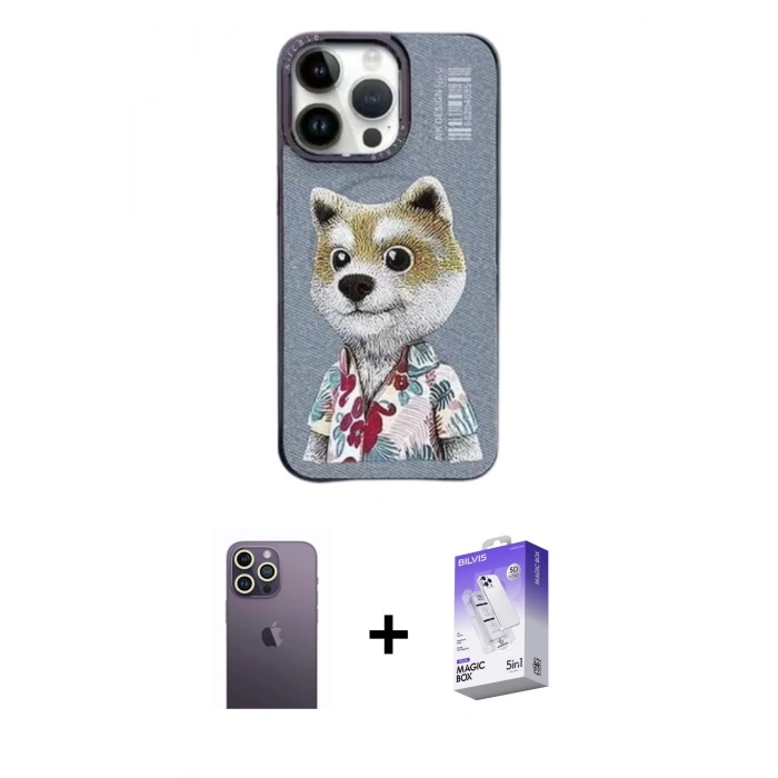 MARSİLYAN™- iPhone 13 Pro Max Kılıf Siluet Modern Özel Seri - Siyah Bilvis 5in1 3D Magic Cam Ekran Koruyucu + Neon Fosforlu Kamera Lens - BZ