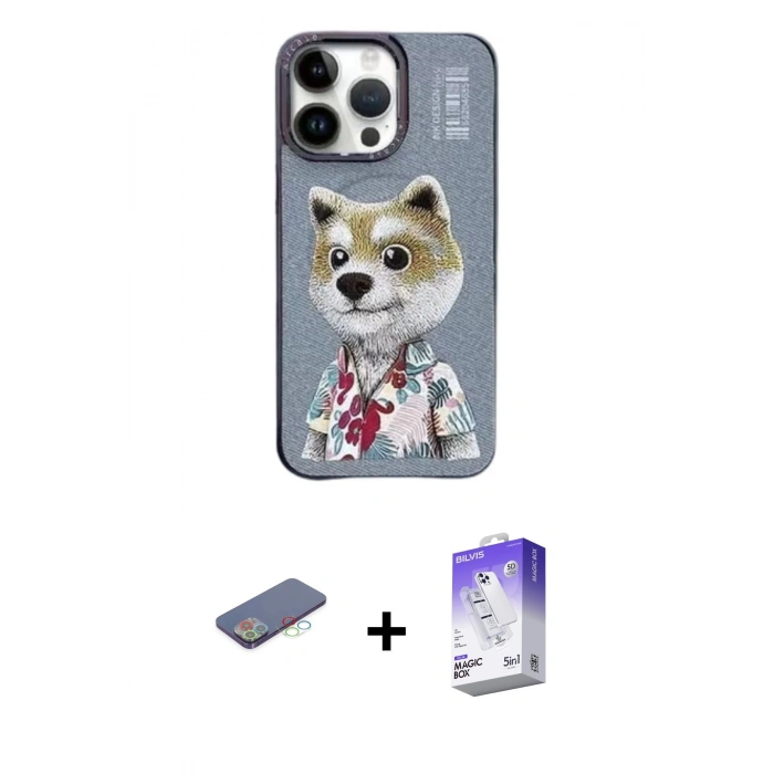 MARSİLYAN™- iPhone 13 Pro Max Kılıf Siluet Modern Özel Seri - Siyah Bilvis 5in1 3D Magic Cam Ekran Koruyucu + Mavi Renkli Kamera Lens Koruma Cam