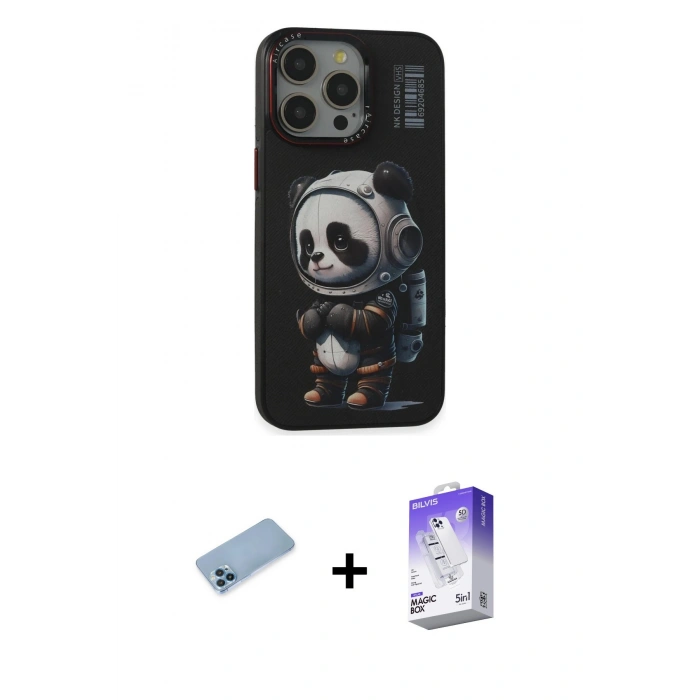MARSİLYAN™- iPhone 13 Pro Max Kılıf Siluet Modern Özel Seri - Siyah Bilvis 5in1 3D Magic Cam Ekran Koruyucu + Mavi Shine Kamera Lens Koruma Cam