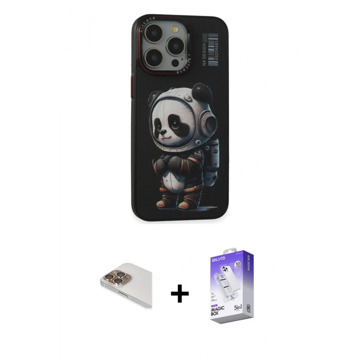 MARSİLYAN™- iPhone 13 Pro Max Kılıf Siluet Modern Özel Seri - Siyah Bilvis 5in1 3D Magic Cam Ekran Koruyucu + Pers Alüminyum Kamera Lens - GD
