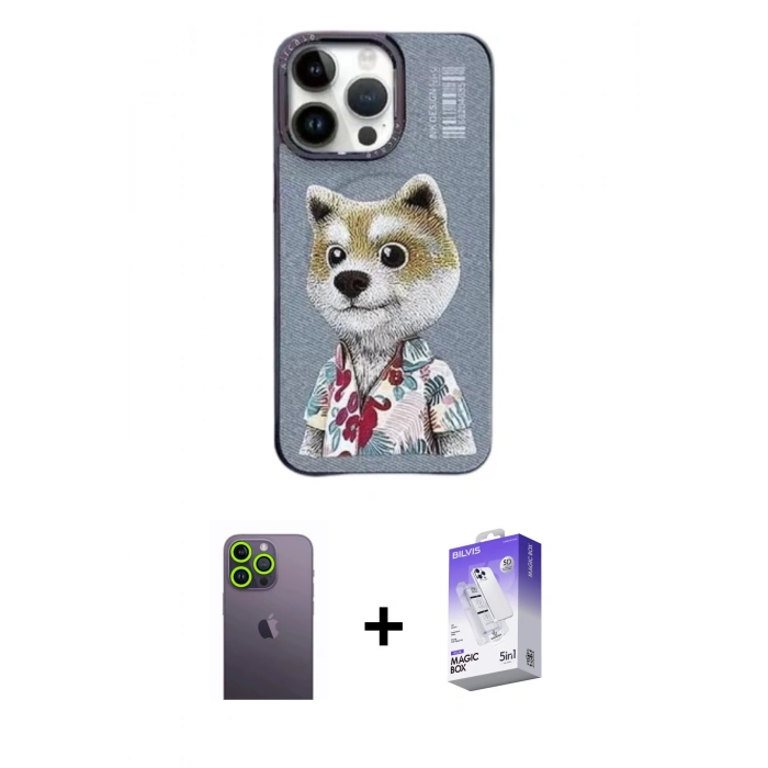 MARSİLYAN™- iPhone 13 Pro Max Kılıf Siluet Modern Özel Seri - Siyah Bilvis 5in1 3D Magic Cam Ekran Koruyucu + Neon Fosforlu Kamera Lens - YL