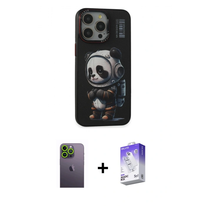 MARSİLYAN™- iPhone 13 Pro Max Kılıf Siluet Modern Özel Seri - Siyah Bilvis 5in1 3D Magic Cam Ekran Koruyucu + Neon Fosforlu Kamera Lens - YL
