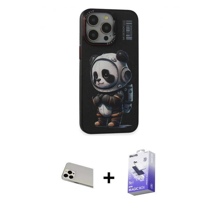 MARSİLYAN™- iPhone 13 Pro Max Kılıf Siluet Modern Özel Seri - Siyah Bilvis 5in1 5D Magic Hayalet Cam Ekran Koruyucu + Rainbow Kamera Lens Koruma Cam - BZ
