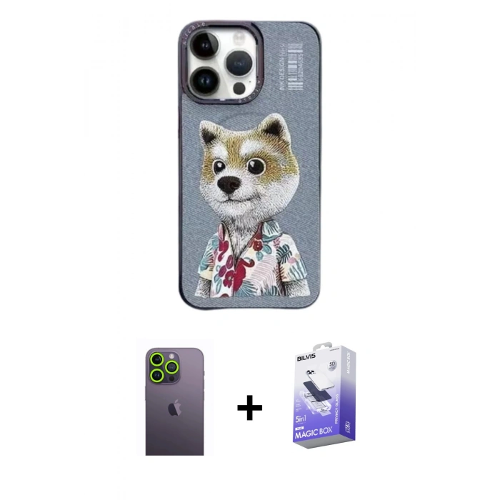 MARSİLYAN™- iPhone 13 Pro Max Kılıf Siluet Modern Özel Seri - Siyah Bilvis 5in1 5D Magic Hayalet Cam Ekran Koruyucu + Neon Fosforlu Kamera Lens - YL