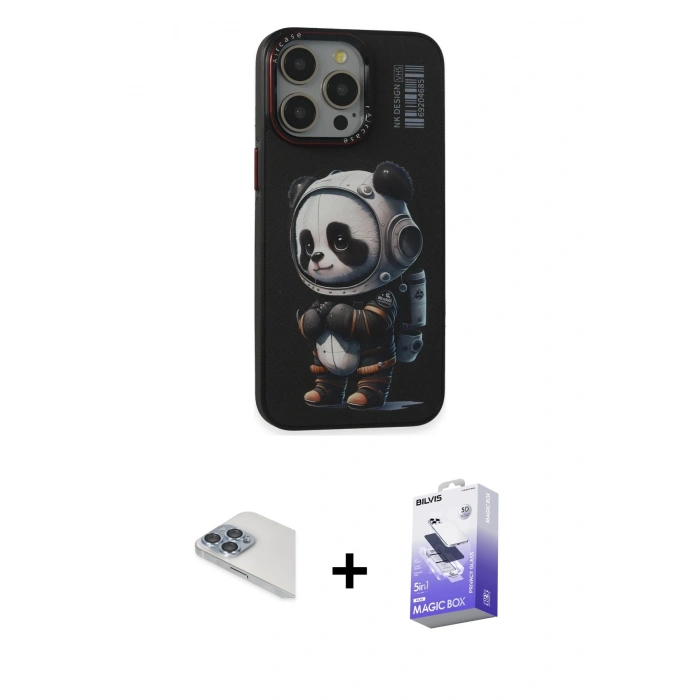 MARSİLYAN™- iPhone 13 Pro Max Kılıf Siluet Modern Özel Seri - Siyah Bilvis 5in1 5D Magic Hayalet Cam Ekran Koruyucu + Pers Alüminyum Kamera Lens - SABE