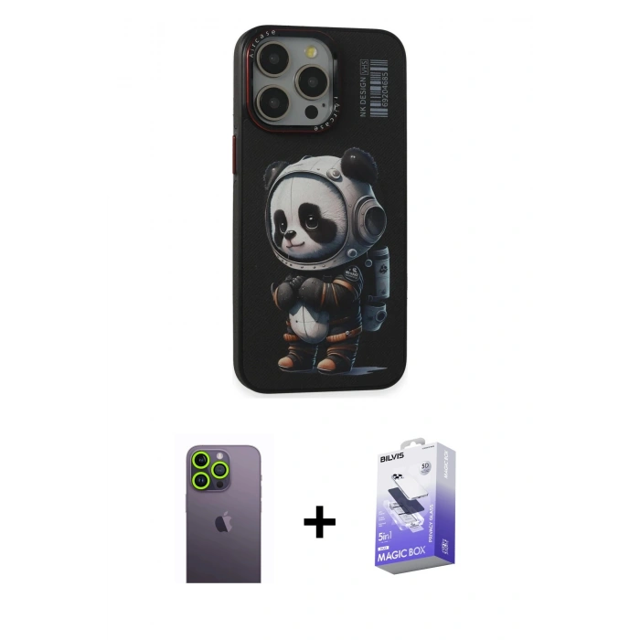 MARSİLYAN™- iPhone 13 Pro Max Kılıf Siluet Modern Özel Seri - Siyah Bilvis 5in1 5D Magic Hayalet Cam Ekran Koruyucu + Neon Fosforlu Kamera Lens - YL