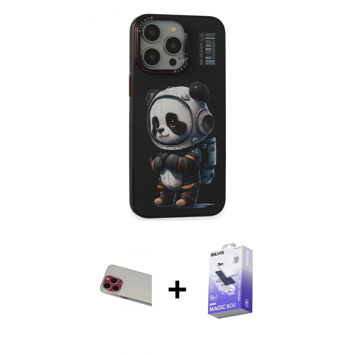 MARSİLYAN™- iPhone 13 Pro Max Kılıf Siluet Modern Özel Seri - Siyah Bilvis 5in1 5D Magic Hayalet Cam Ekran Koruyucu + Rainbow Kamera Lens Koruma Cam - KI
