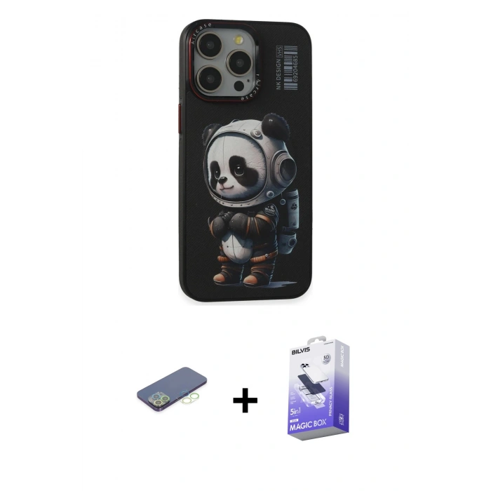 MARSİLYAN™- iPhone 13 Pro Max Kılıf Siluet Modern Özel Seri - Siyah Bilvis 5in1 5D Magic Hayalet Cam Ekran Koruyucu + Renkli Kamera Lens Koruma Cam - YL