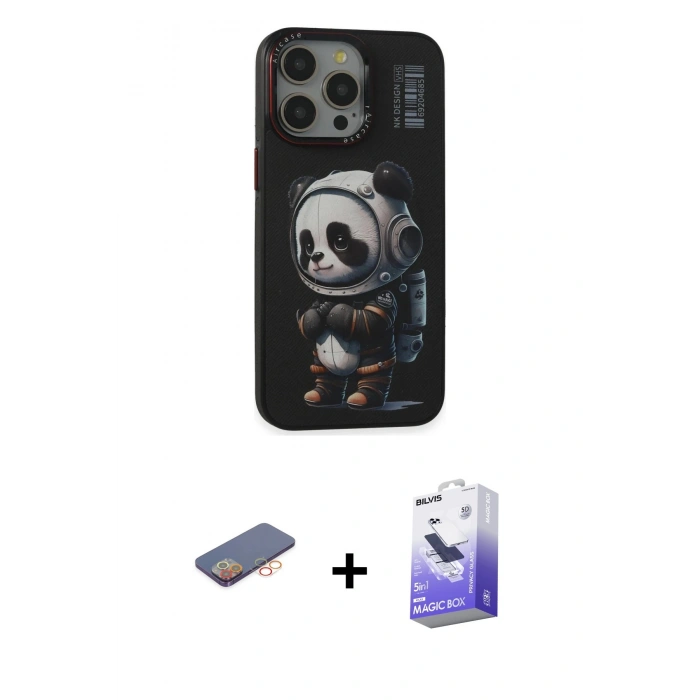 MARSİLYAN™- iPhone 13 Pro Max Kılıf Siluet Modern Özel Seri - Siyah Bilvis 5in1 5D Magic Hayalet Cam Ekran Koruyucu + Renkli Kamera Lens Koruma Cam - TU