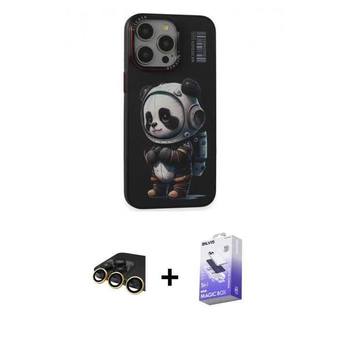 MARSİLYAN™- iPhone 13 Pro Max Kılıf Siluet Modern Özel Seri - Siyah Bilvis 5in1 5D Magic Hayalet Cam Ekran Koruyucu + Raze Metal Kamera Lens - GD