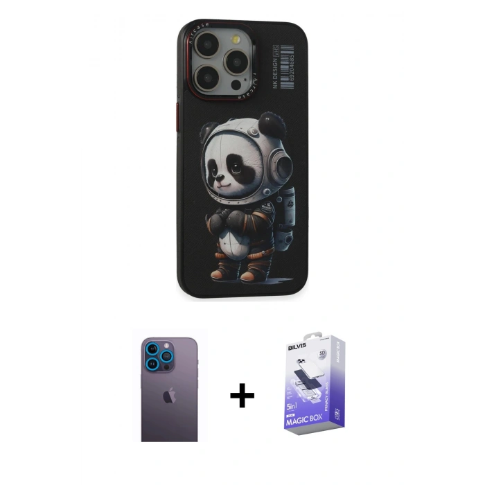MARSİLYAN™- iPhone 13 Pro Max Kılıf Siluet Modern Özel Seri - Siyah Bilvis 5in1 5D Magic Hayalet Cam Ekran Koruyucu + Neon Fosforlu Kamera Lens - MI
