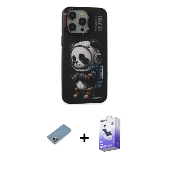 MARSİLYAN™- iPhone 13 Pro Max Kılıf Siluet Modern Özel Seri - Siyah Bilvis 5in1 5D Magic Hayalet Cam Ekran Koruyucu + Shine Kamera Lens Koruma Cam - GI