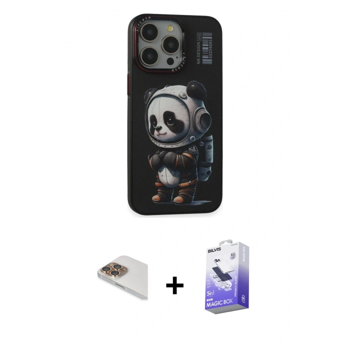 MARSİLYAN™- iPhone 13 Pro Max Kılıf Siluet Modern Özel Seri - Siyah Bilvis 5in1 5D Magic Hayalet Cam Ekran Koruyucu + Pers Alüminyum Kamera Lens - GD