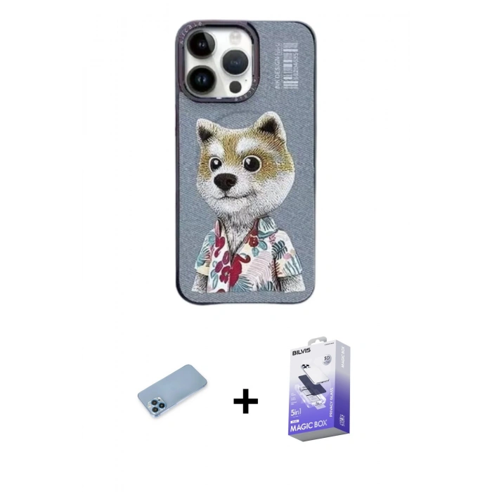 MARSİLYAN™- iPhone 13 Pro Max Kılıf Siluet Modern Özel Seri - Siyah Bilvis 5in1 5D Magic Hayalet Cam Ekran Koruyucu + Mavi Shine Kamera Lens Koruma Cam