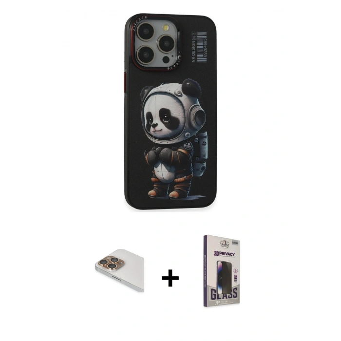 MARSİLYAN™- iPhone 13 Pro Max Kılıf Siluet Modern Özel Seri - Siyah Bilvis Hayalet Cam Ekran Koruyucu + Gold Pers Alüminyum Kamera Lens