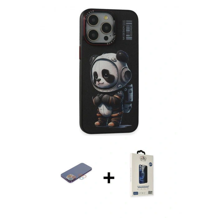MARSİLYAN™- iPhone 13 Pro Max Kılıf Siluet Modern Özel Seri - Siyah Bilvis Hayalet Cam Ekran Koruyucu + Pembe Renkli Kamera Lens Koruma Cam