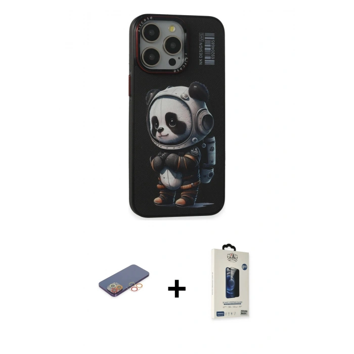 MARSİLYAN™- iPhone 13 Pro Max Kılıf Siluet Modern Özel Seri - Siyah Bilvis Hayalet Cam Ekran Koruyucu + Turuncu Renkli Kamera Lens Koruma Cam