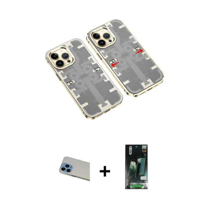 MARSİLYAN™- iPhone 13 Pro Max Kılıf Ufuk Doku Prime - Şeffaf 360 Full Body Arka Koruyucu + Mavi Rainbow Kamera Lens Koruma Cam