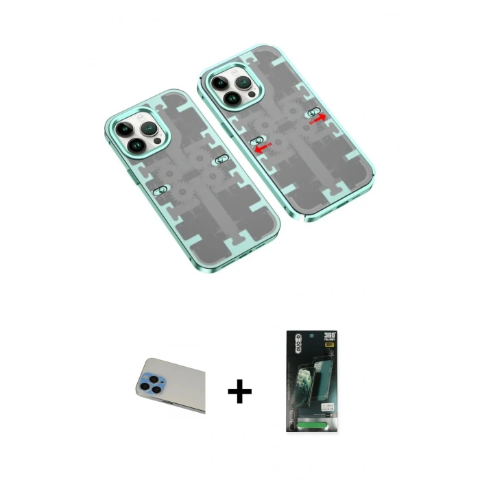 MARSİLYAN™- iPhone 13 Pro Max Kılıf Ufuk Doku Prime - Şeffaf 360 Full Body Arka Koruyucu + Mavi Rainbow Kamera Lens Koruma Cam