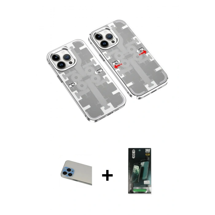 MARSİLYAN™- iPhone 13 Pro Max Kılıf Ufuk Doku Prime - Şeffaf 360 Full Body Arka Koruyucu + Mavi Rainbow Kamera Lens Koruma Cam