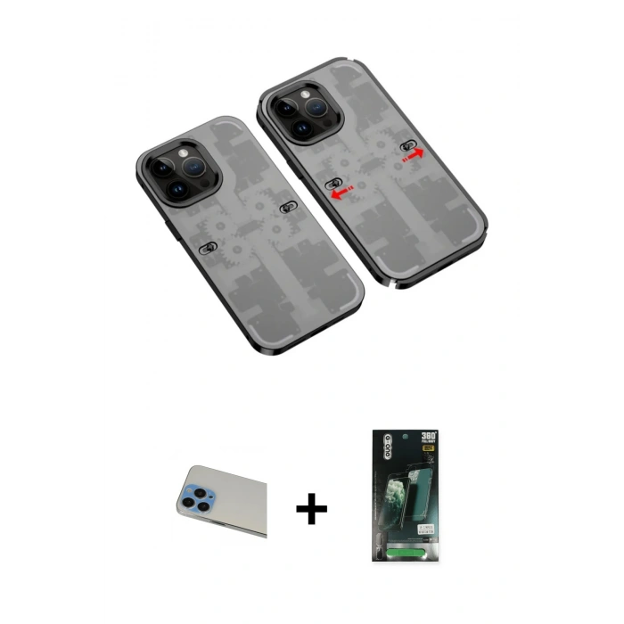 MARSİLYAN™- iPhone 13 Pro Max Kılıf Ufuk Doku Prime - Şeffaf 360 Full Body Arka Koruyucu + Mavi Rainbow Kamera Lens Koruma Cam