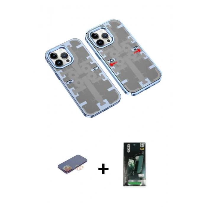 MARSİLYAN™- iPhone 13 Pro Max Kılıf Ufuk Doku Prime - Şeffaf 360 Full Body Arka Koruyucu + Renkli Kamera Lens Koruma Cam - TU
