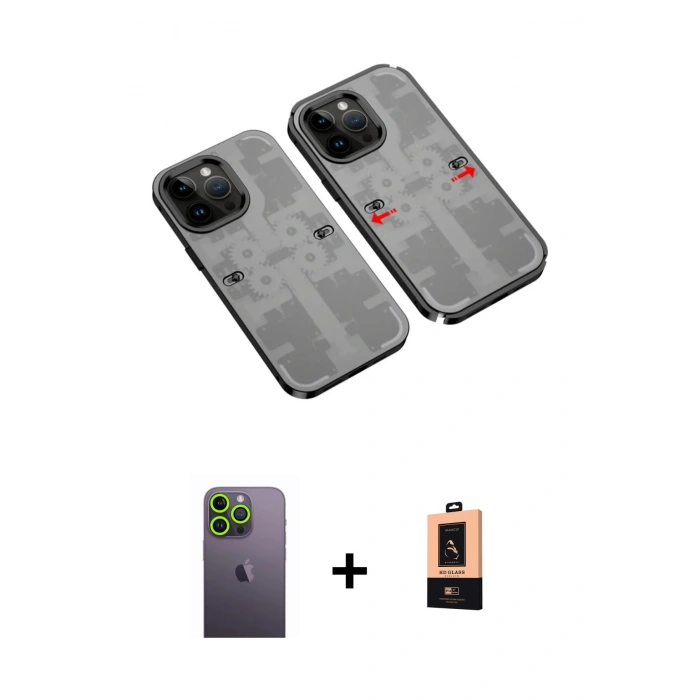 MARSİLYAN™- iPhone 13 Pro Max Kılıf Ufuk Doku Prime - Şeffaf Maxco Cam Ekran Koruyucu + Neon Fosforlu Kamera Lens - YL