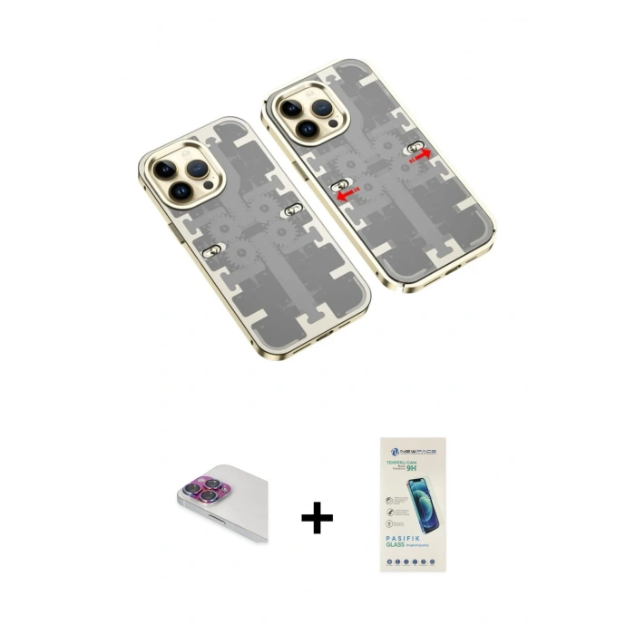 MARSİLYAN™- iPhone 13 Pro Max Kılıf Ufuk Doku Prime - Şeffaf Pasifik Cam Ekran Koruyucu + Pers Alüminyum Kamera Lens - GI