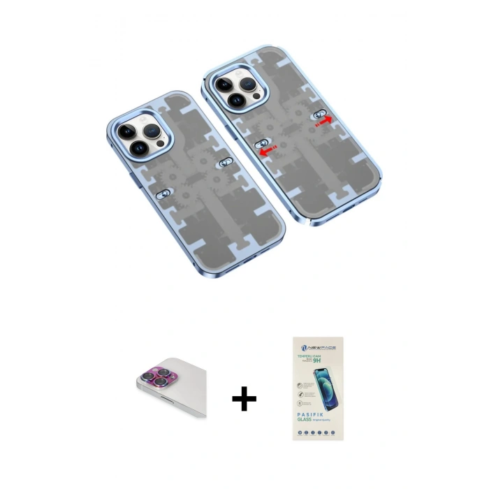 MARSİLYAN™- iPhone 13 Pro Max Kılıf Ufuk Doku Prime - Şeffaf Pasifik Cam Ekran Koruyucu + Pers Alüminyum Kamera Lens - GI