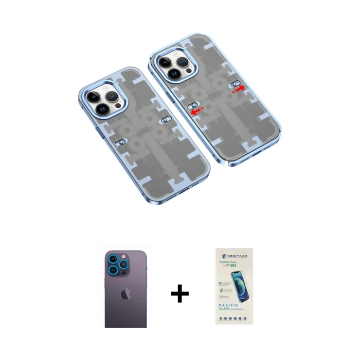 MARSİLYAN™- iPhone 13 Pro Max Kılıf Ufuk Doku Prime - Şeffaf Pasifik Cam Ekran Koruyucu + Neon Fosforlu Kamera Lens - MI
