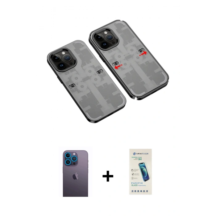 MARSİLYAN™- iPhone 13 Pro Max Kılıf Ufuk Doku Prime - Şeffaf Pasifik Cam Ekran Koruyucu + Neon Fosforlu Kamera Lens - MI